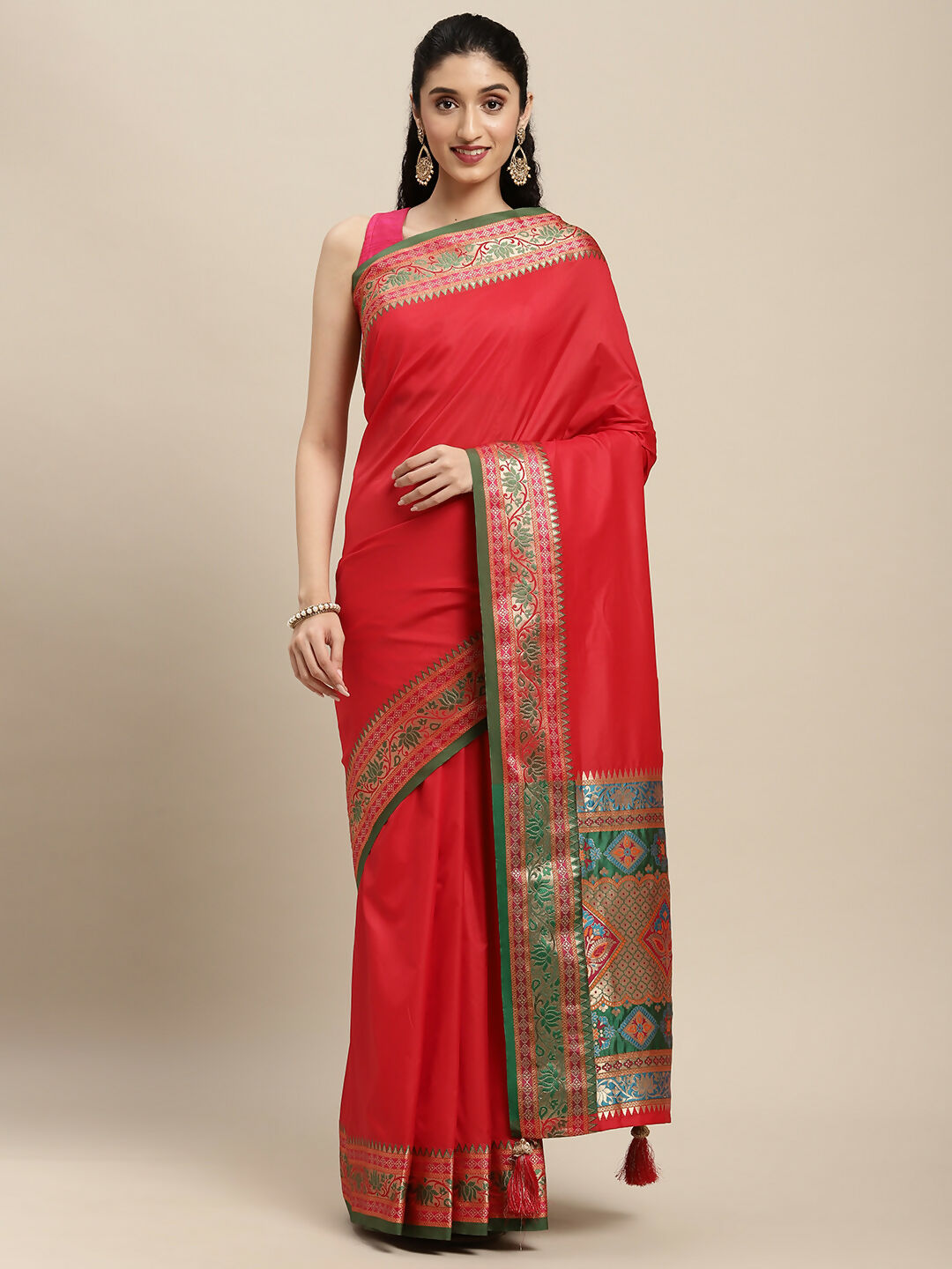 Shree Shyam Fashion Silk Blend Red Saree - Distacart