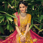 Yellow Heavy Viscose Khatli, Embroidery & Mirror Work Unstitched Lehenga Choli - Sisha Keshav