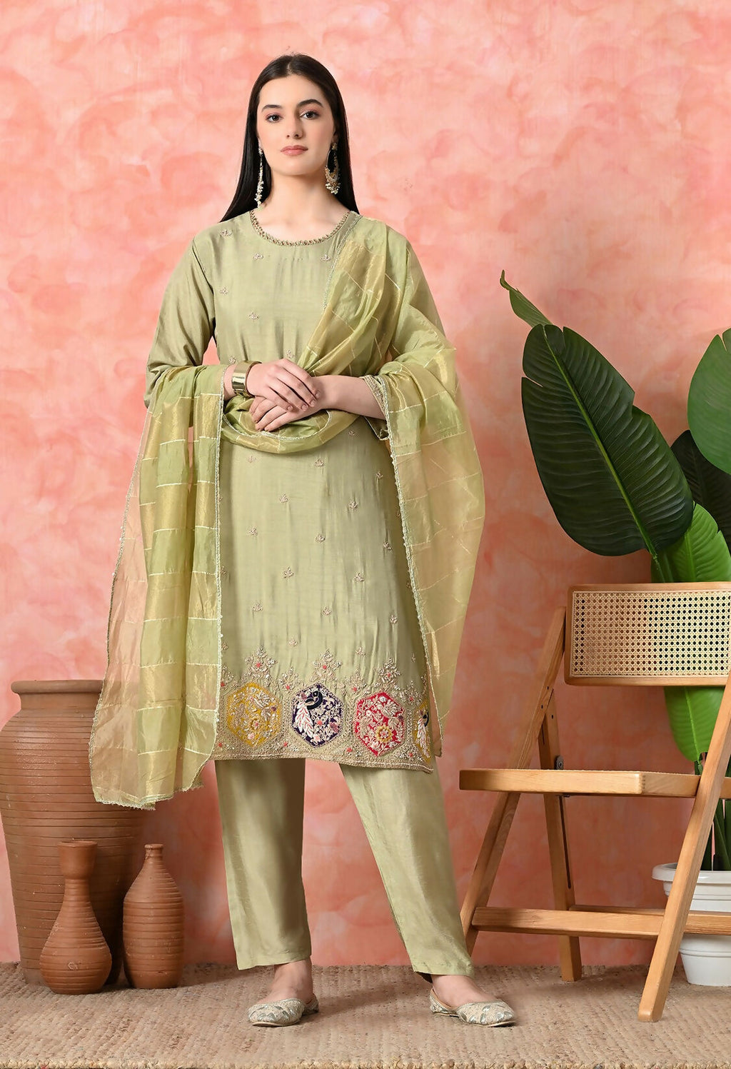 Joban Fashion Light Green Premium Pure Viscose Print Dola With Handwork Kurta Set