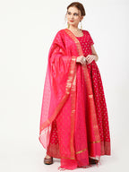 Cheera Women's Deep Pink Cotton & Silk Hand Block Print Long Dress With Silk Dupatta Set