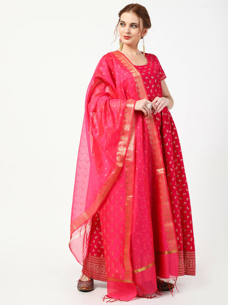 Cheera Women's Deep Pink Cotton & Silk Hand Block Print Long Dress With Silk Dupatta Set