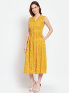 Myshka Women's Mustard Printed Rayon Sleeveless Collar Neck Casual Dress
