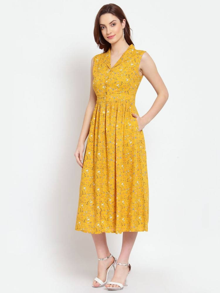 Myshka Women's Mustard Printed Rayon Sleeveless Collar Neck Casual Dress