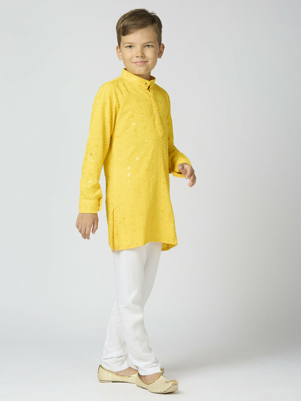 Joban Fashion Kids Island Full Sleeves Cotton Kurta and Pyjama Set with Sequin work - Yellow - Distacart