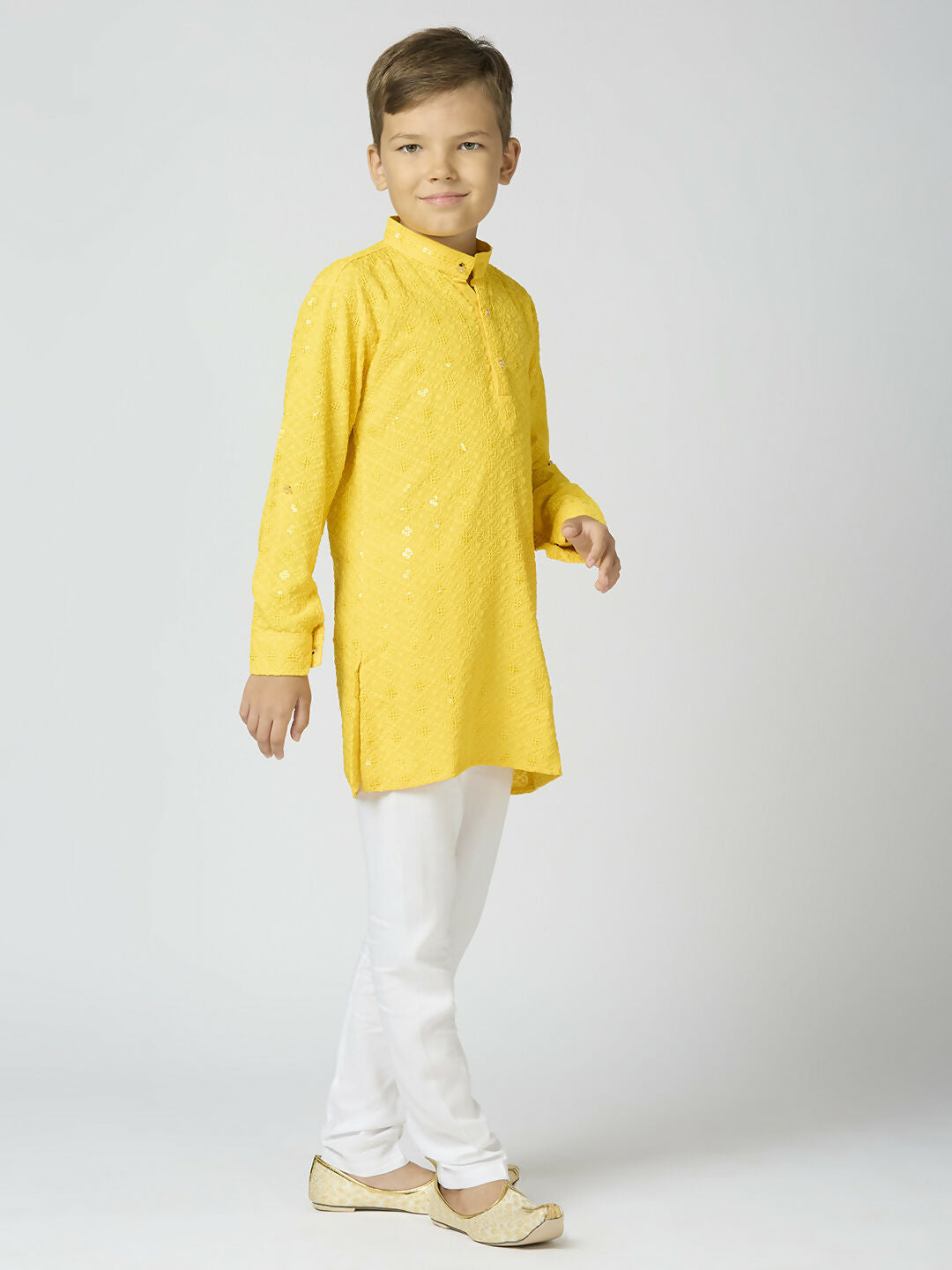 Joban Fashion Kids Island Full Sleeves Cotton Kurta and Pyjama Set with Sequin work - Yellow - Distacart