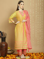 Jyoti Fashion Women's Yellow Chanderi Silk Elegant Jardoshi Semi Kurta with Trouser & Dupatta