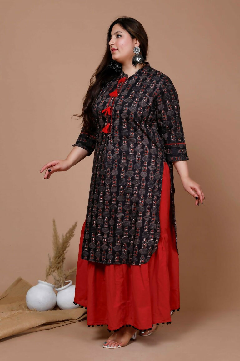 Miravan Women's Plus Size Black Printed Pure Cotton Kurta With Skirt