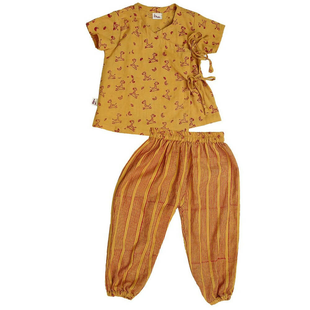 Mhyssa Zeke Half Sleeve Wrap Style Yellow and Red T-shirt With Long Pant Set For Kids