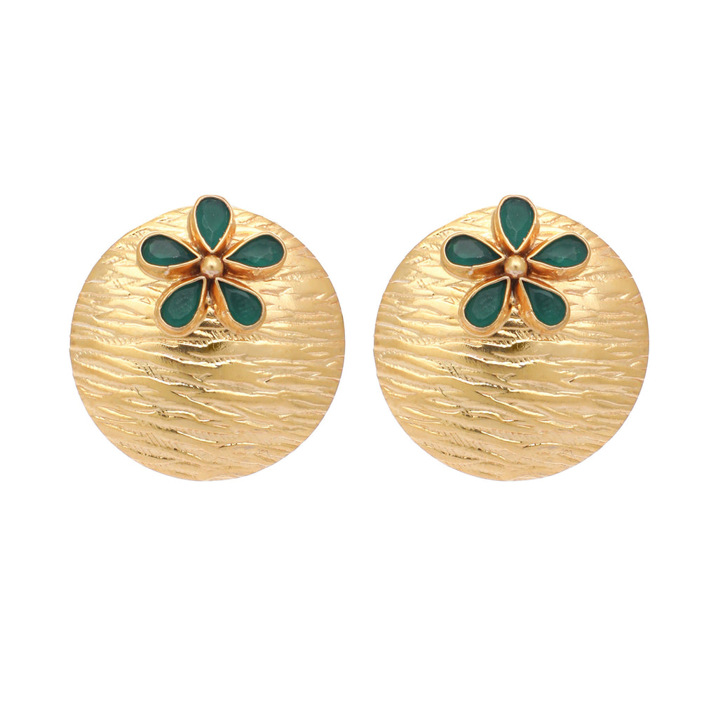 Nuyug 22K Gold-Plated Faux Emerald Stones Studded Circular Floral Shaped Motif Studs - Distacart