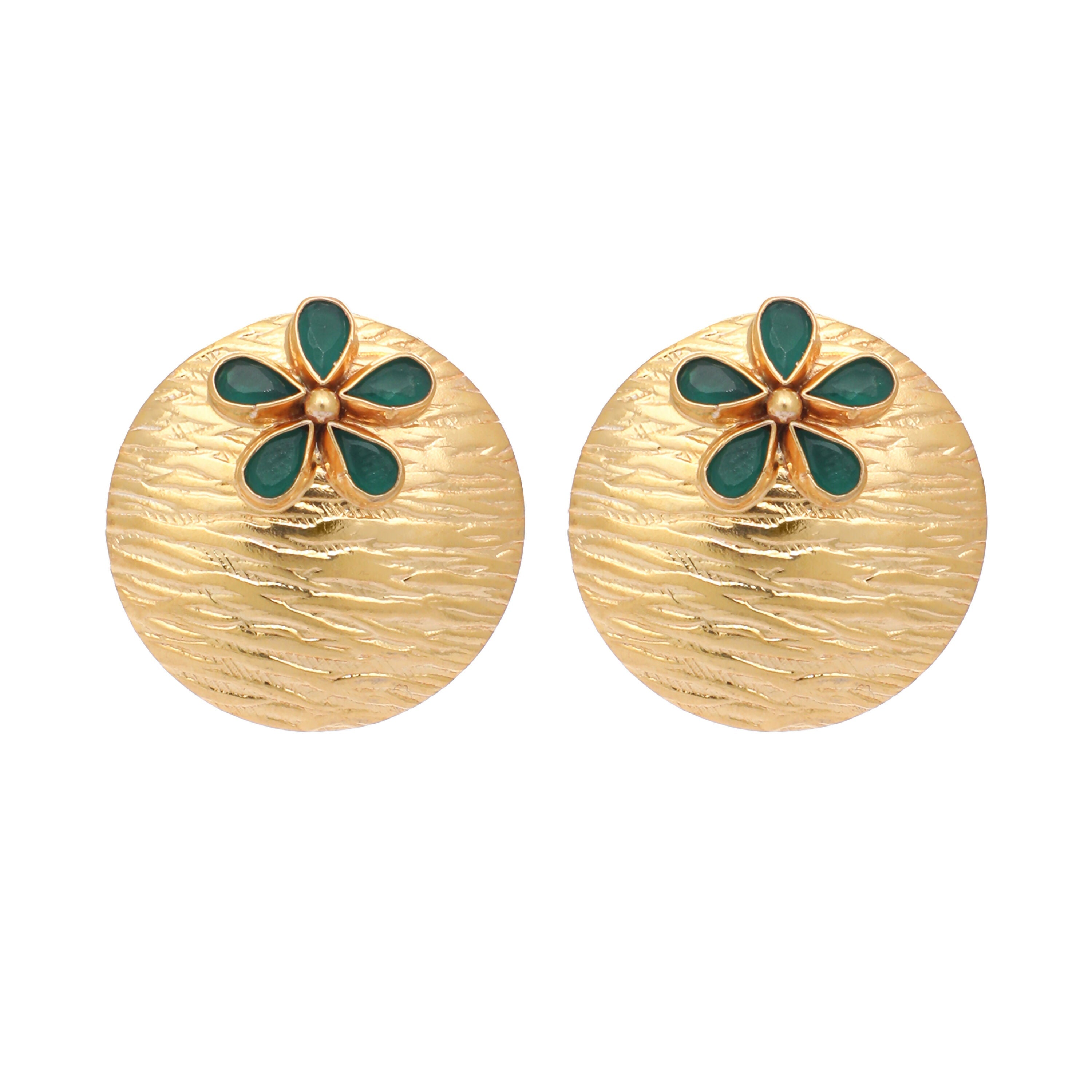 Nuyug 22K Gold-Plated Faux Emerald Stones Studded Circular Floral Shaped Motif Studs - Distacart