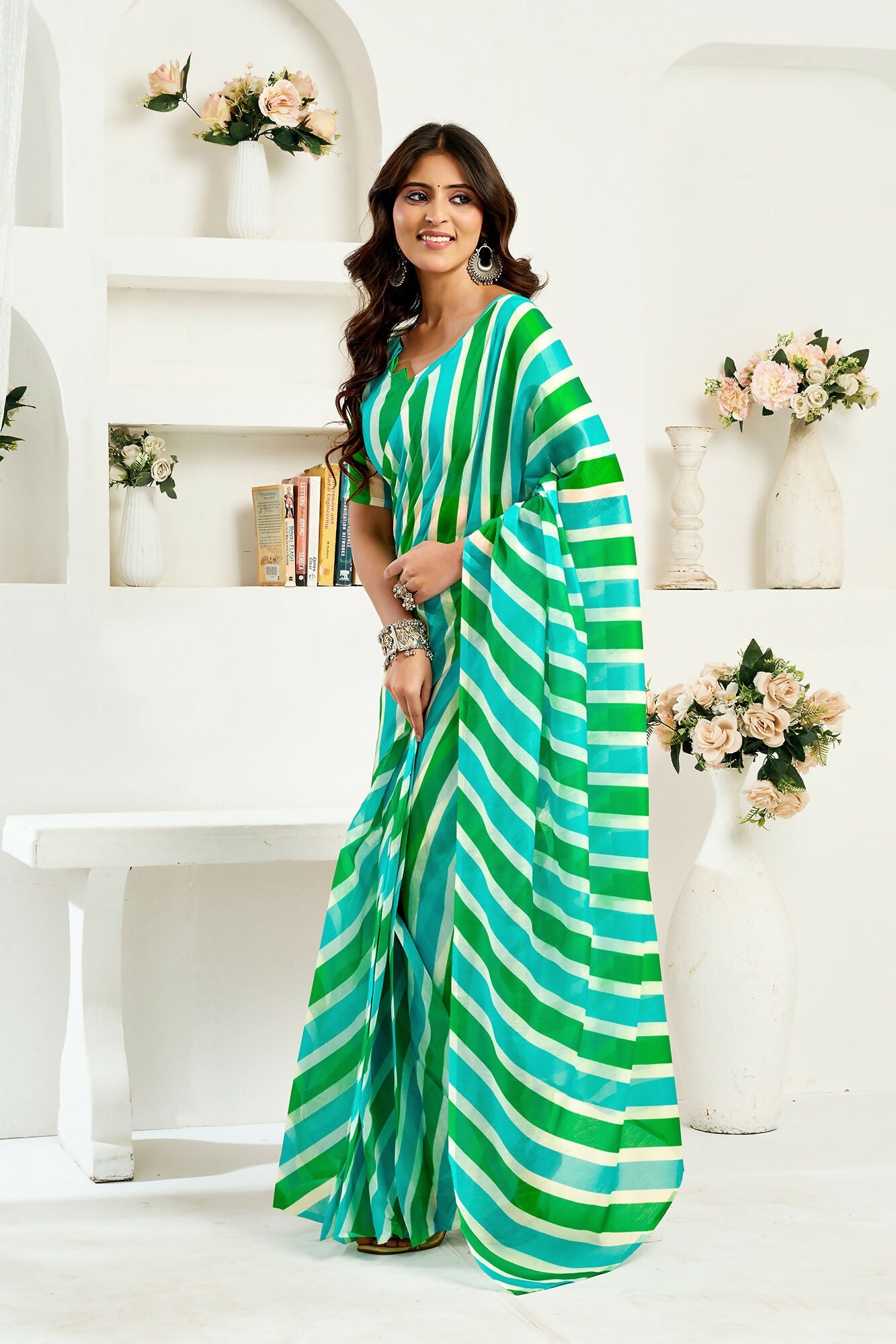 Vastranavya Green Digital Printed Linen Ready To Wear Designer Saree with Unstitched Blouse - Distacart