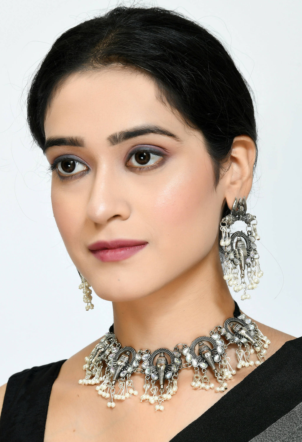 Mominos Fashion Johar Kamal Oxidised Silver-Plated Ganesha Design Necklace Choker Set - Distacart