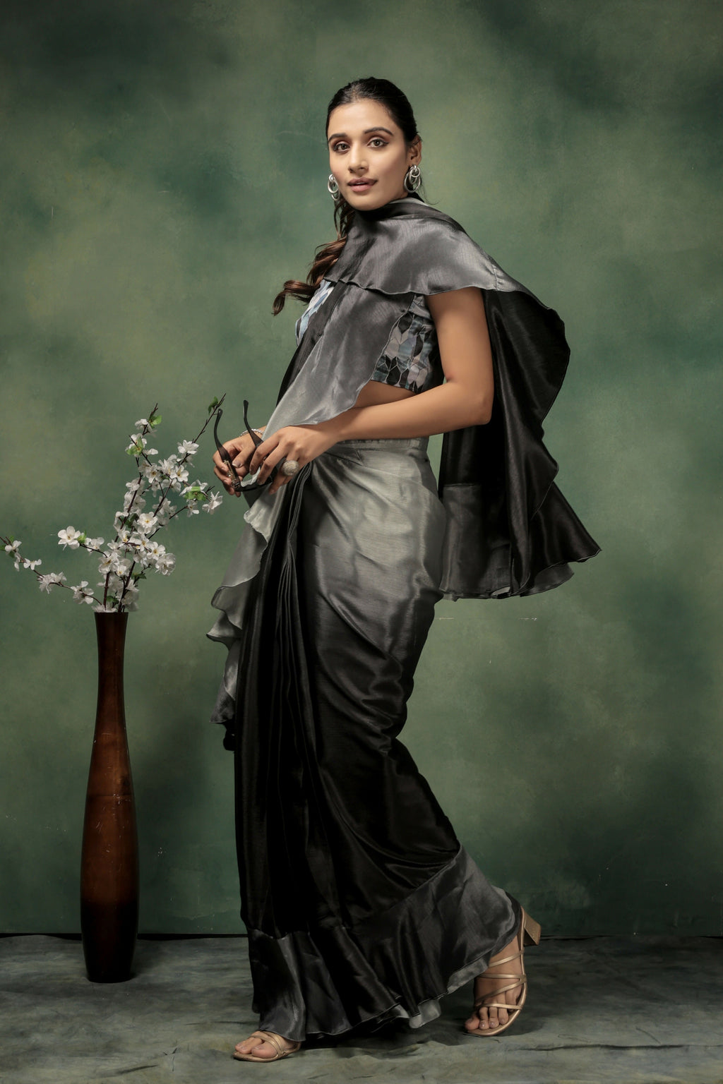 Grey Satin Solid Designer, Printed Party Wear Ready To Wear Saree - Nasreen