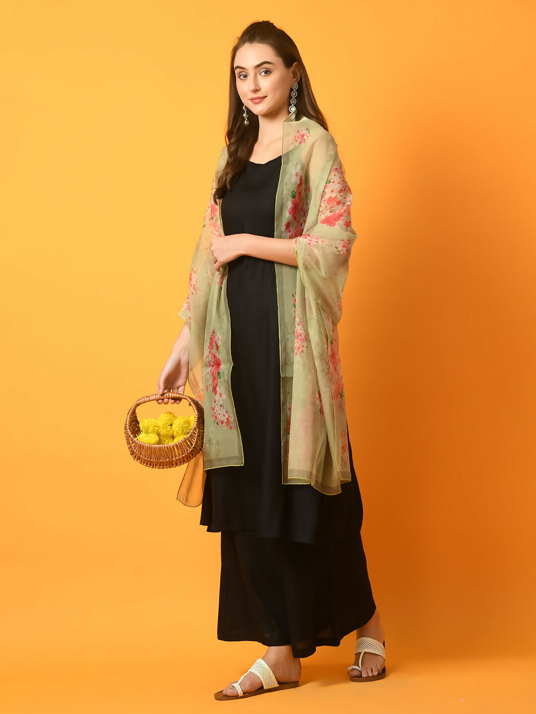 Myshka Women's Black Solid Anarkali Party Kurta Set With Printed Dupatta