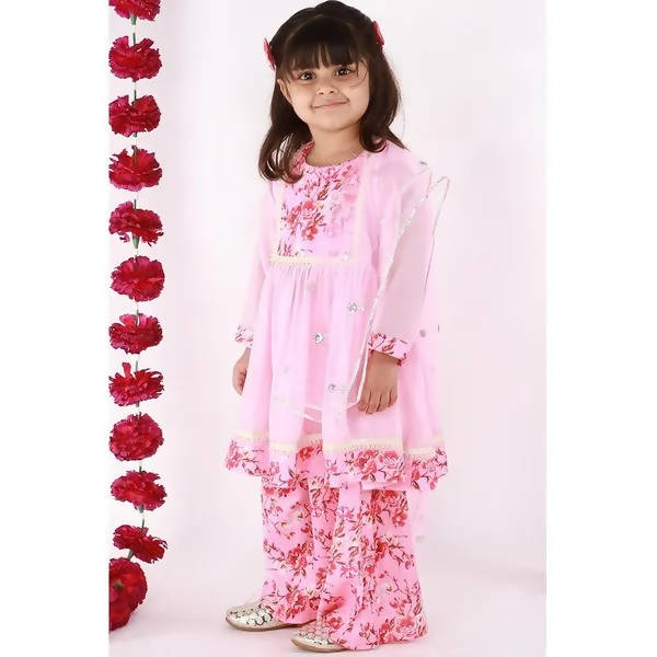 Little Bansi Girls Pink Floral print Kurta Frock with Floral Plazzo and Dupatta