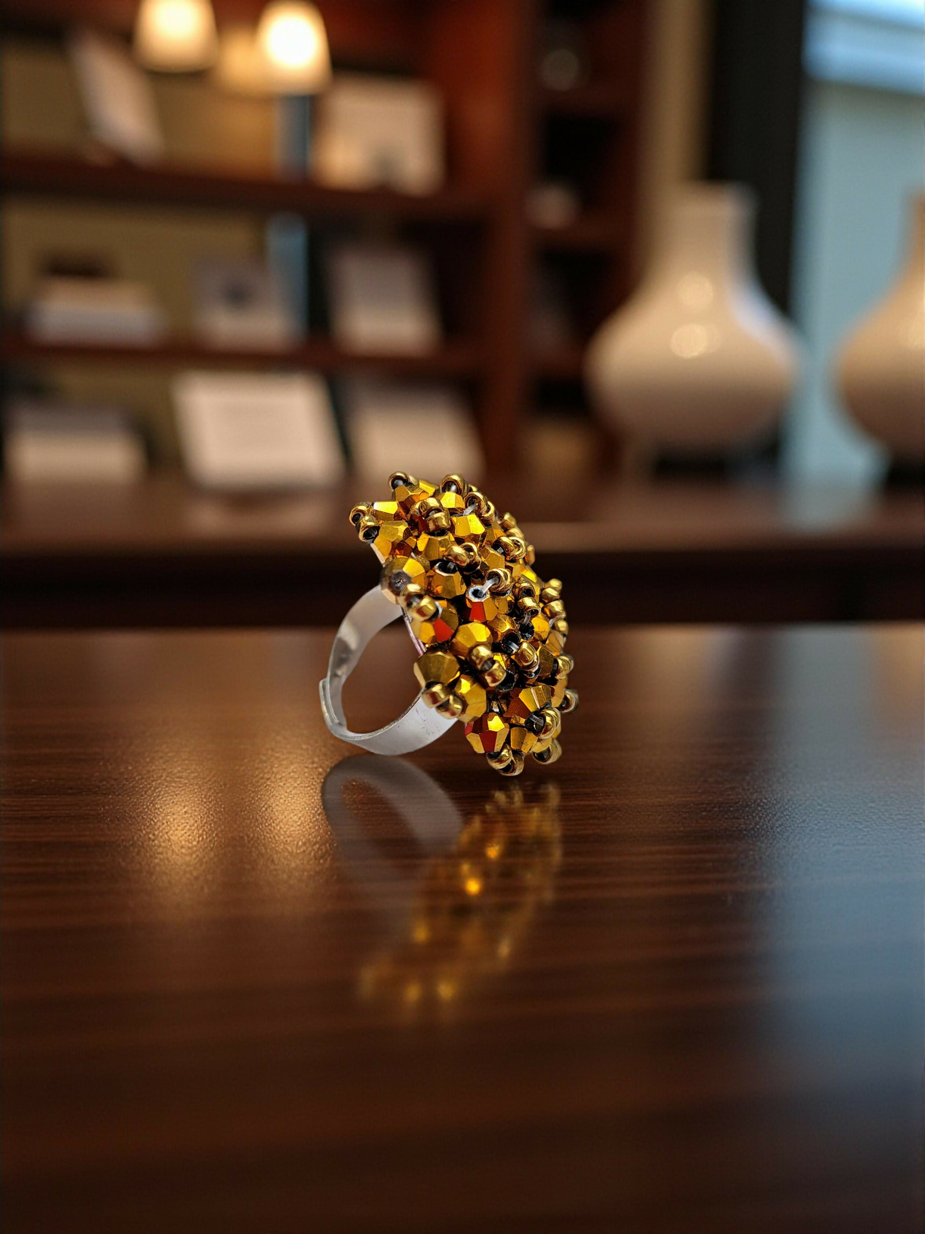 Inhanns Rang-E-Roshan Adjustable Ring – Handmade Crystal Statement Ring - Golden