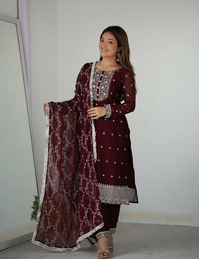 Joban Fashion Wine Kurta Set Silk Sequence Embroidery Work - Distacart