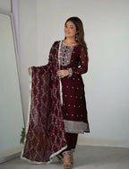 Joban Fashion Wine Kurta Set Silk Sequence Embroidery Work - Distacart