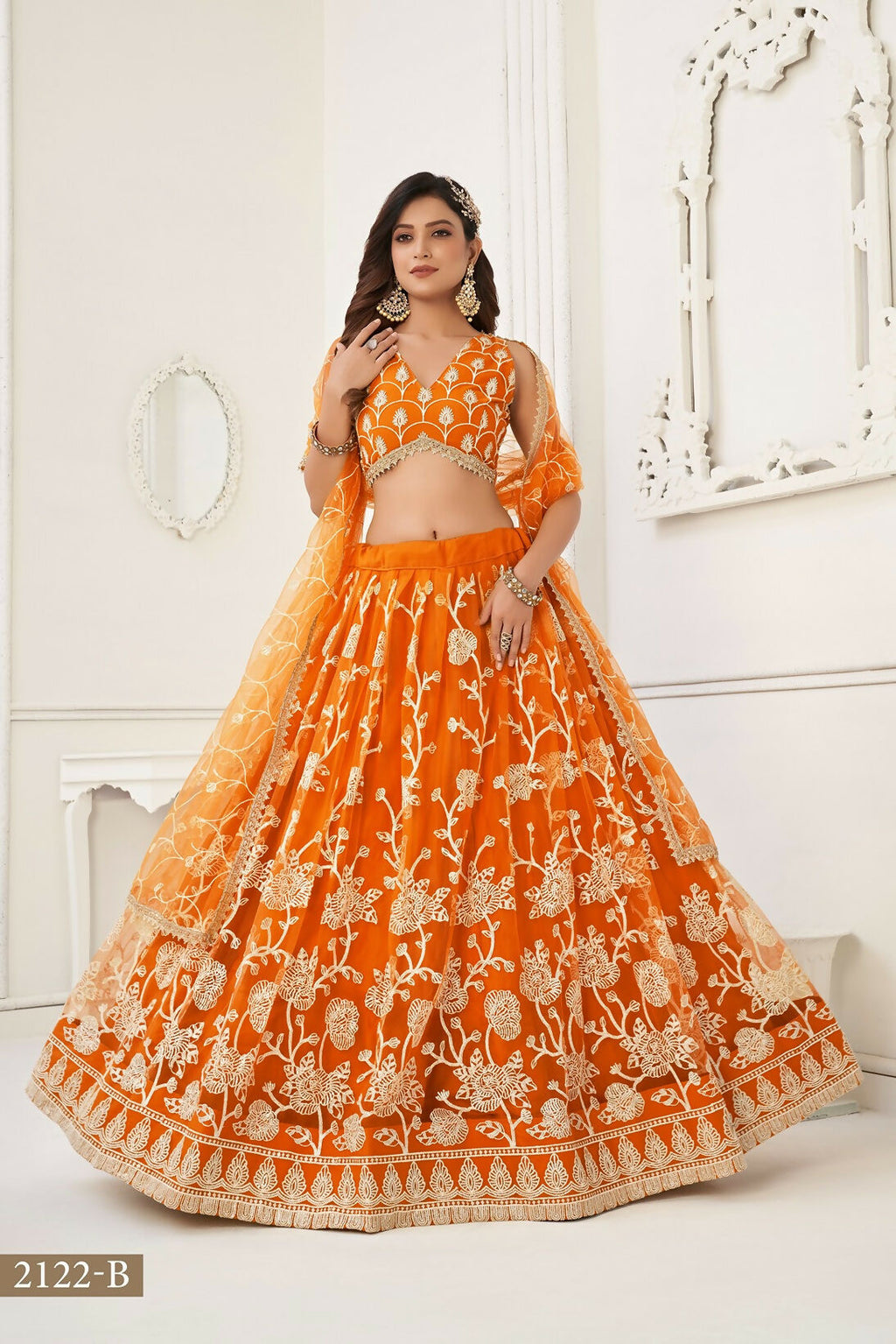Eilara Women'S Orange Butterfly Net With Sequins And Embroidery Work Lehenga Choli For Wedding