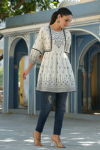 Juniper Women's White & Black Cambric Floral Printed Tunic - Distacart