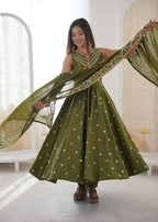 Teeya Creation Green Color Roman Silk Embroidery Work Party Wear Gown - Distacart