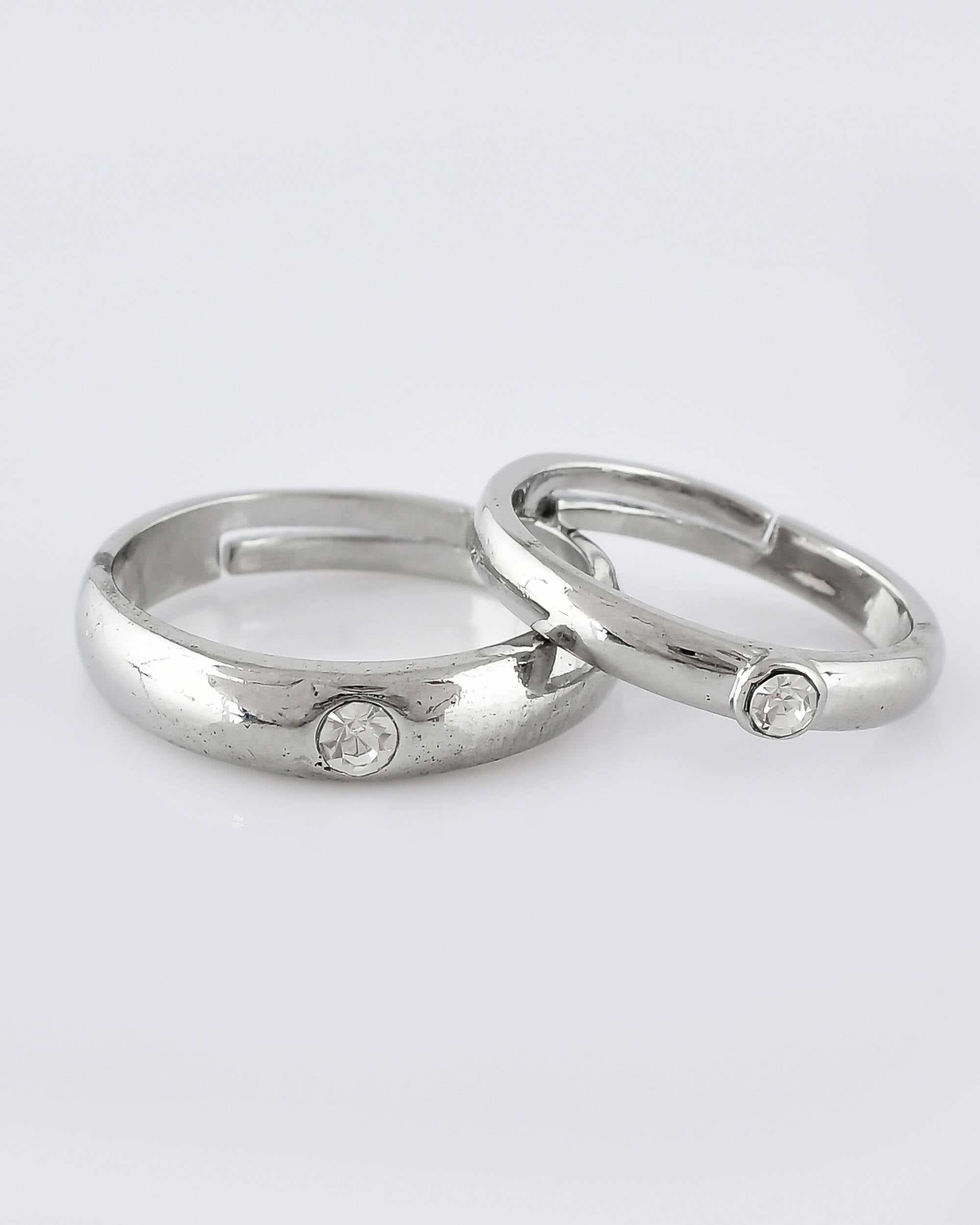 VOJ Stainless Steel Cubic Zirconia Silver Plated Adjustable Ring Set for Couple