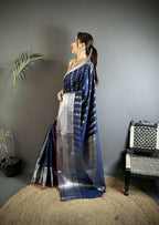 Joban Fashion Navy Blue Checked Soft Silk Kanjivaram Silk Saree - Distacart