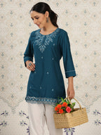 Teal Chinon Embroidered Straight Top - Zeny