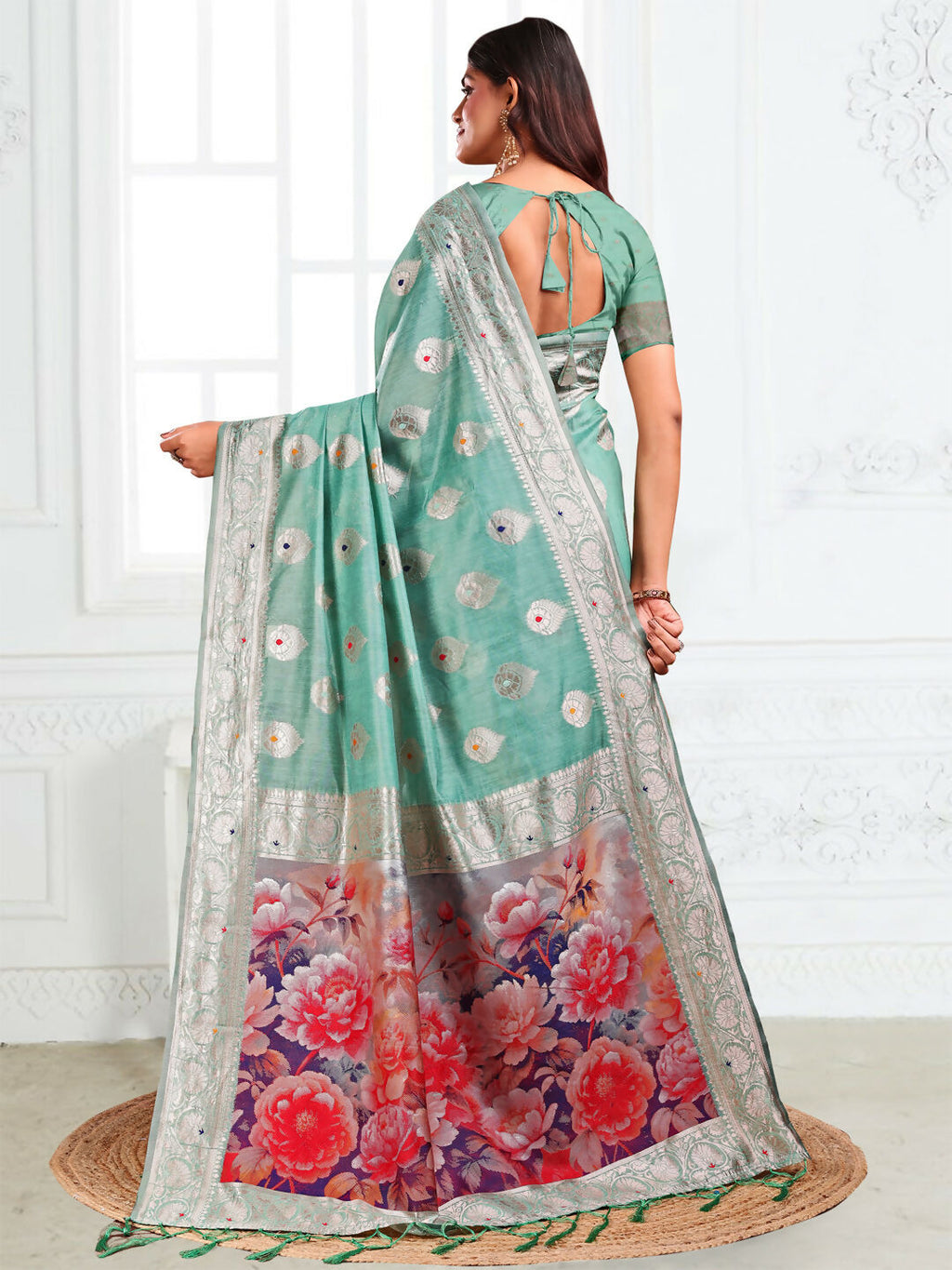 Shree Shyam Fashion Linen Cotton Rama Green Saree - Distacart