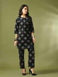 Myshka Women's Black Printed Cotton Round Neck Party Tunic With Trousers Co-ord set