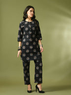 Myshka Women's Black Printed Cotton Round Neck Party Tunic With Trousers Co-ord set