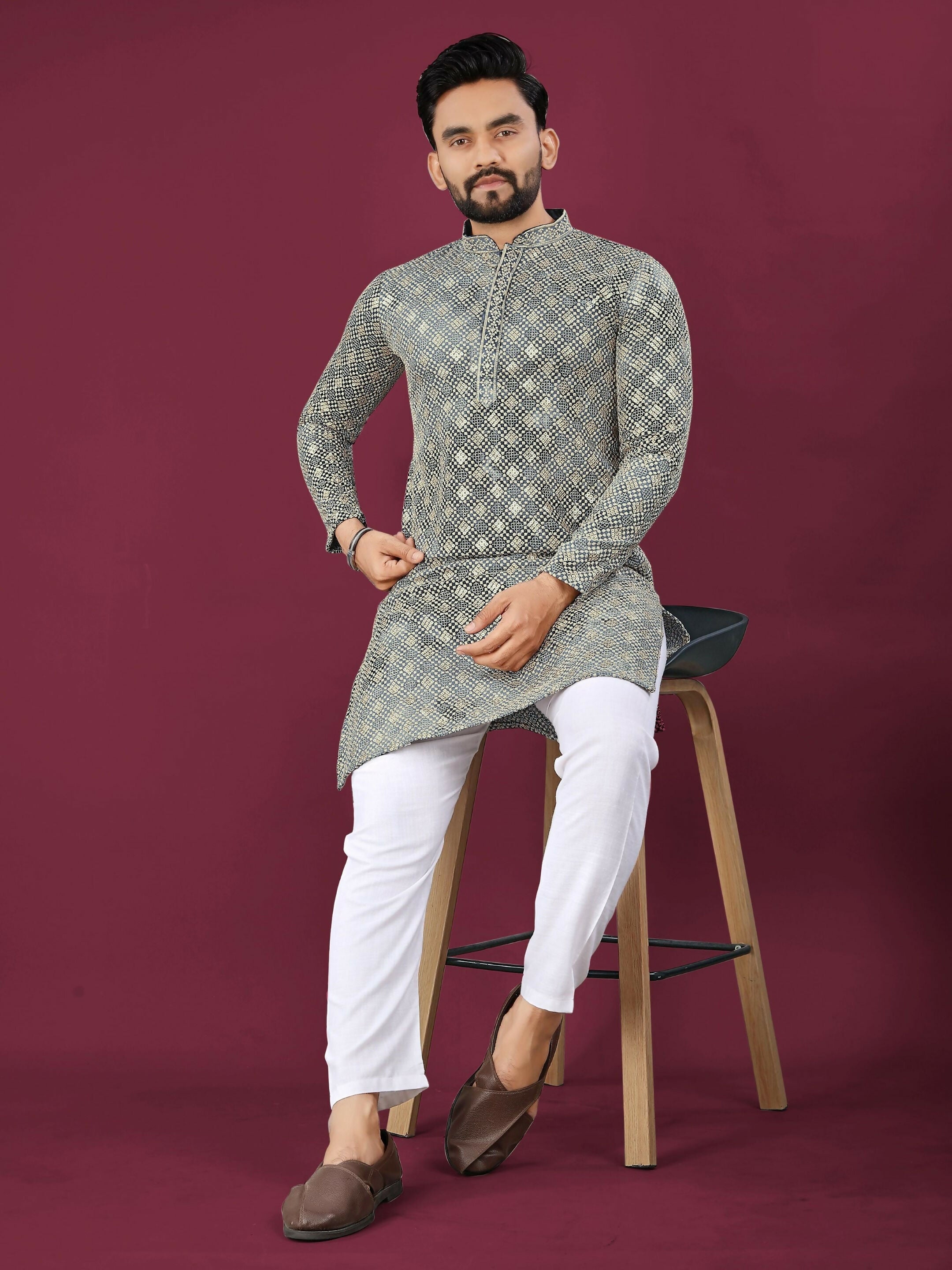 Anaita Grey Chikankari Work Viscose Rayon Straight Kurta