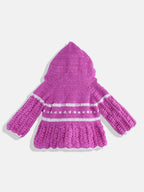 Chutput Kids Woollen Hand Knitted Full Sleeves Self Design Hood Detail Dress For Baby Girls - Purple