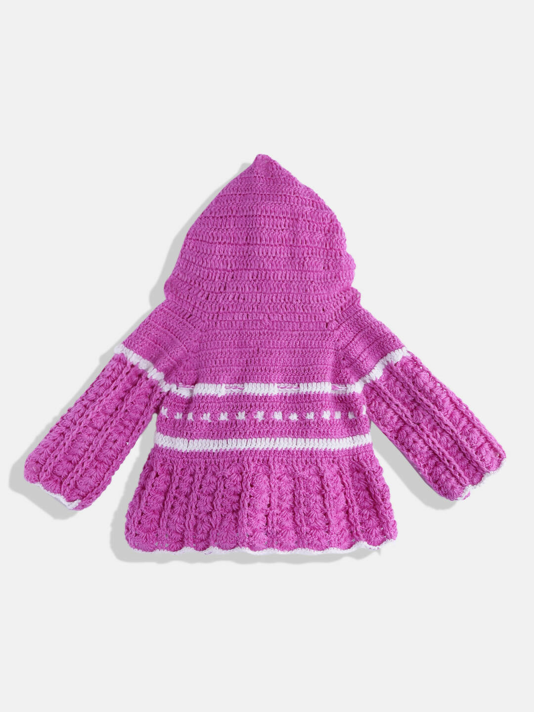 Chutput Kids Woollen Hand Knitted Full Sleeves Self Design Hood Detail Dress For Baby Girls - Purple