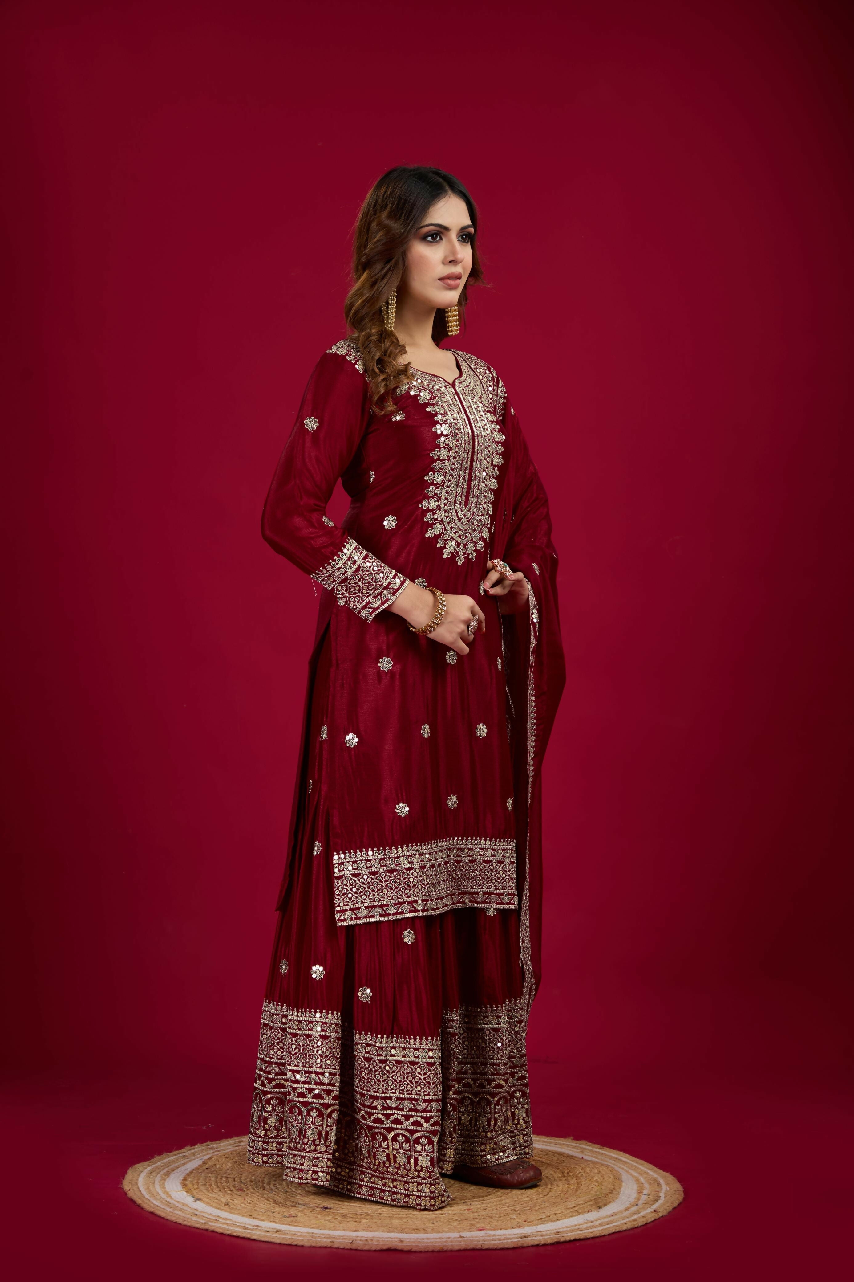 Joban Fashion Maroon Kurta Set Silk Sequins , Zari, Coding & Thread Embroidered work - Distacart