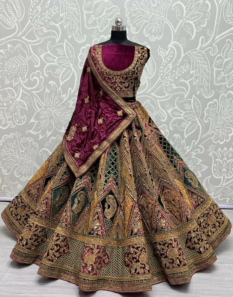 Jyoti Fashion Women's Multicolor Velvet Fancy Patch, Multi Thread Embroidered, Zircon Diamond, Sequins Work Wedding Lehenga Choli