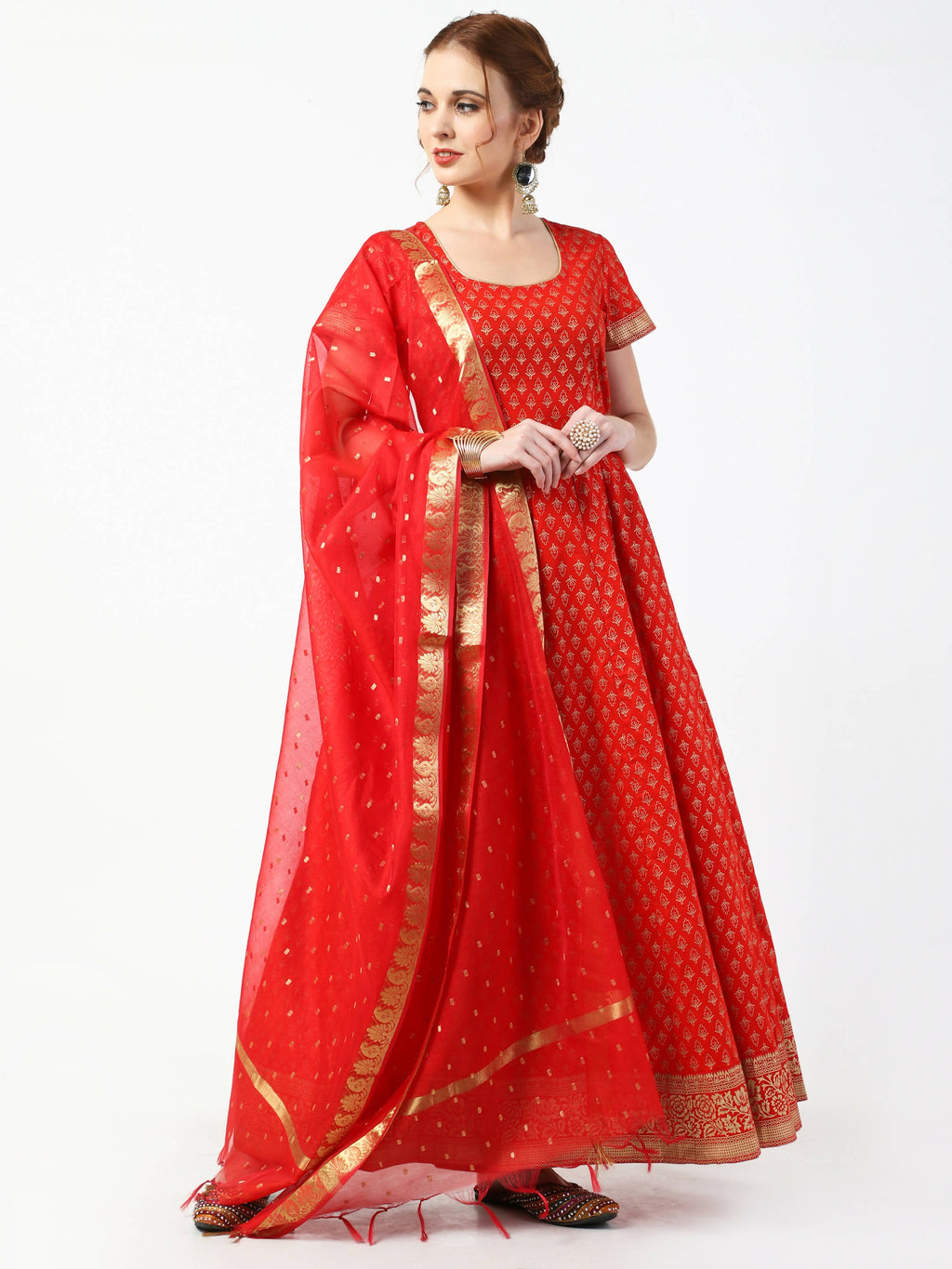 Cheera Women's Red Cotton Hand Block Print Long Dress With Silk Dupatta Set