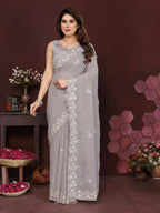 PR Fashion Grey Georgette Embroidery Work With Embroidery Work Blouse Saree