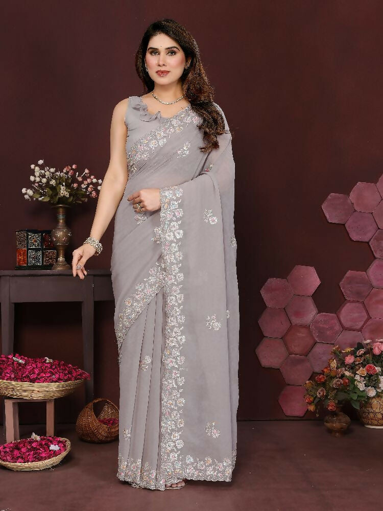 PR Fashion Grey Georgette Embroidery Work With Embroidery Work Blouse Saree