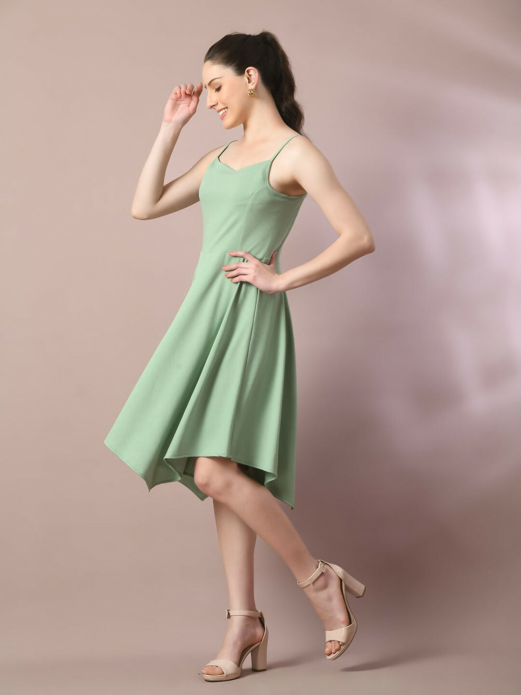 Myshka Women's Sea Green Solid Shoulder Straps Fit and Flare Party Dress - Distacart
