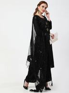 Cheera Women's Black Rayon Slub Kurta Palazzo Organza Silk Dupatta Set