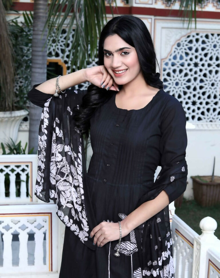 Miravan Women's Black Pintucks Detailing Straight Kurta and Palazzo with Dupatta Set