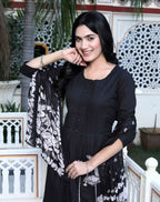 Miravan Women's Black Pintucks Detailing Straight Kurta and Palazzo with Dupatta Set