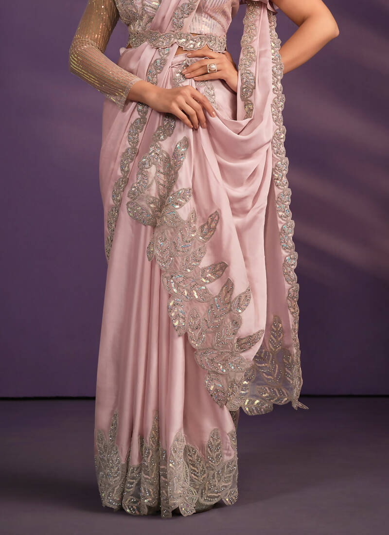 Pink Crepe Satin Silk Embroidered Saree With Stitched Blouse - Mohmanthan Exotica