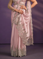 Pink Crepe Satin Silk Embroidered Saree With Stitched Blouse - Mohmanthan Exotica