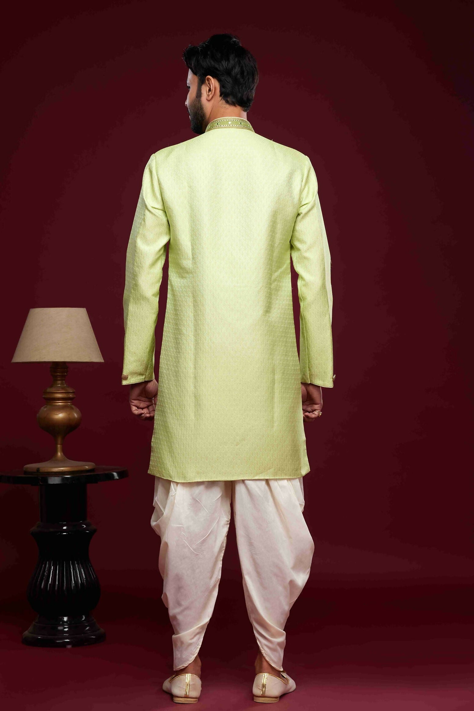 Raivat Ethnic Banarasi Jacquard Embroidery Semi Indo Western Sherwani In Pista Green Colour