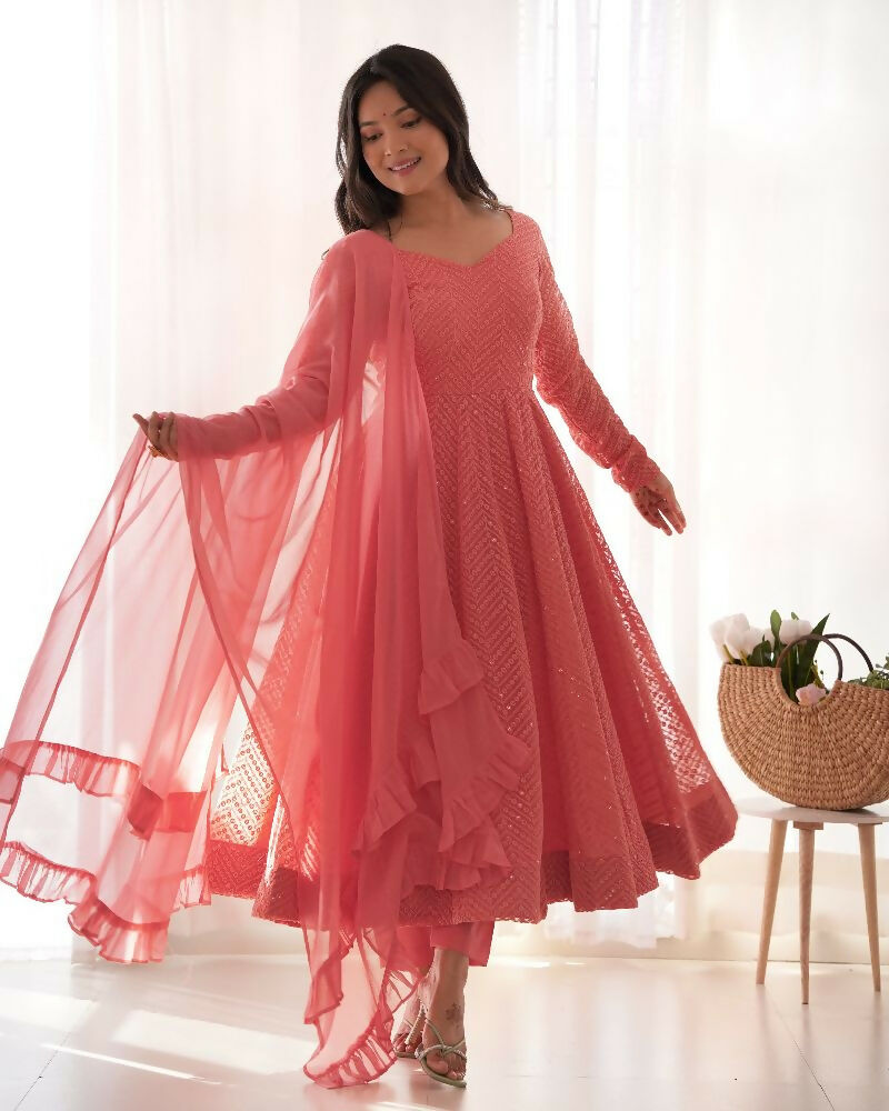 Joban Fashion Peach Kurta Set Georgette Sequence Embroidery Work - Distacart