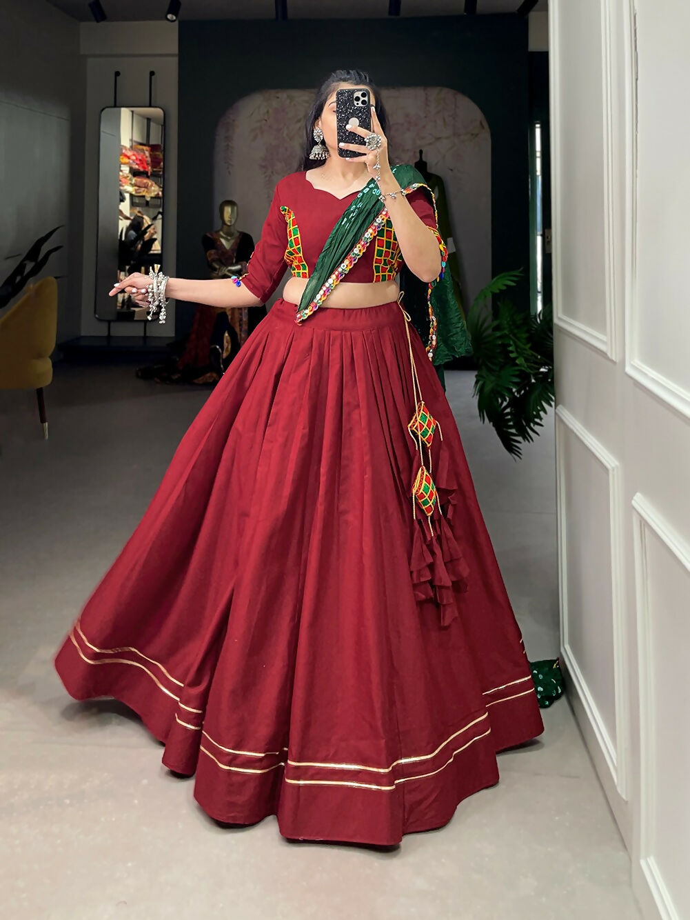 Vastranavya Navaratri Special Pure Cotton Plain With Gotta Patti Touch Up Lehenga Stitched Choli - Maroon