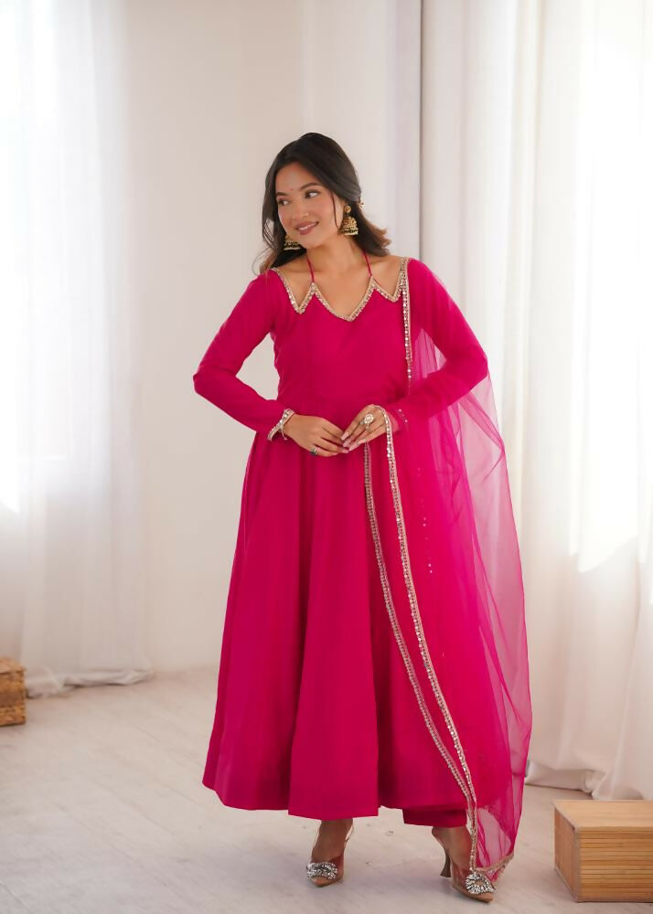 Lehenga Mart Designer Anarkali Suit With Kurta, Pant, Dupatta For Women-Dark Pink - Distacart