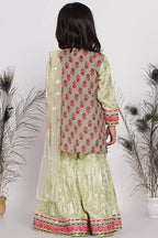 Little Bansi Girls Banarsi Cotton Turkish Lacework Kurta with Foil Sharara & Dupatta - Green